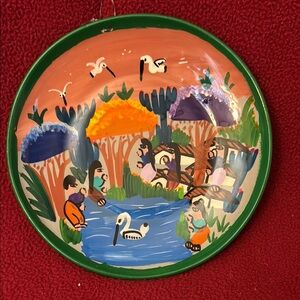 Hand-Painted Ceramic Wall Art with Green Border